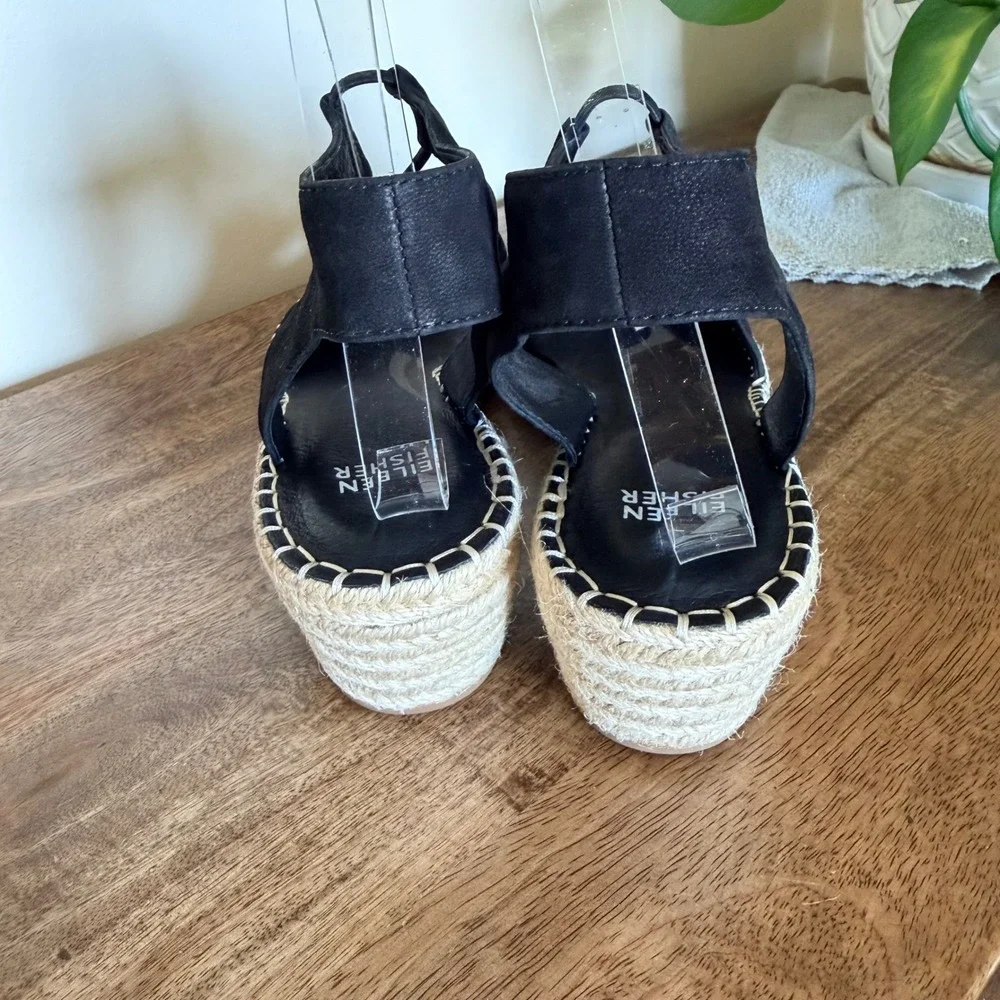 Eileen Fisher Agnes Espadrille Wedge Sandal Size 10 Black Suede Summer Boho Chic